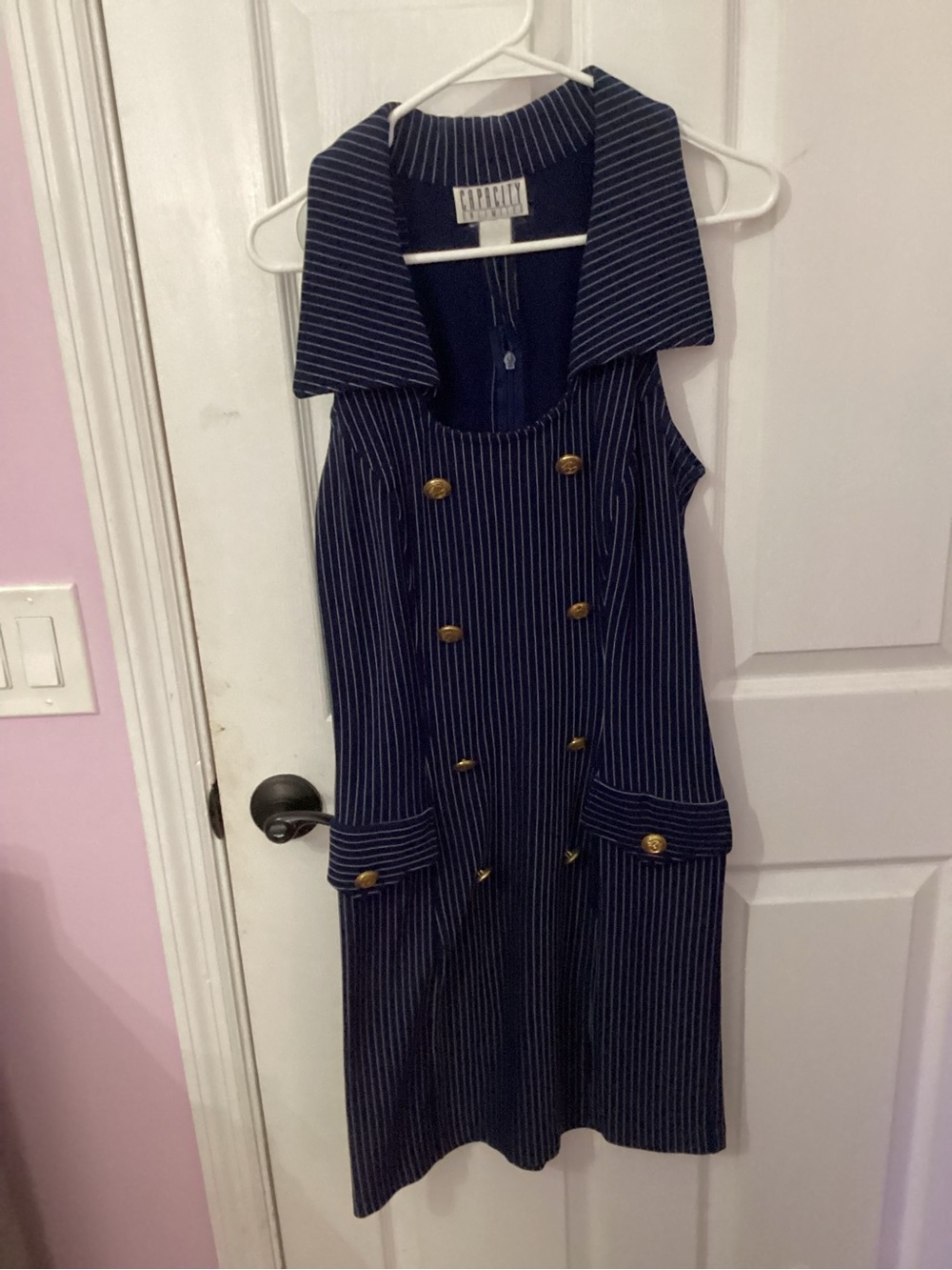 Sleeveless Navy Pinstripe Midi Dress with Gold Buttons - Unbranded